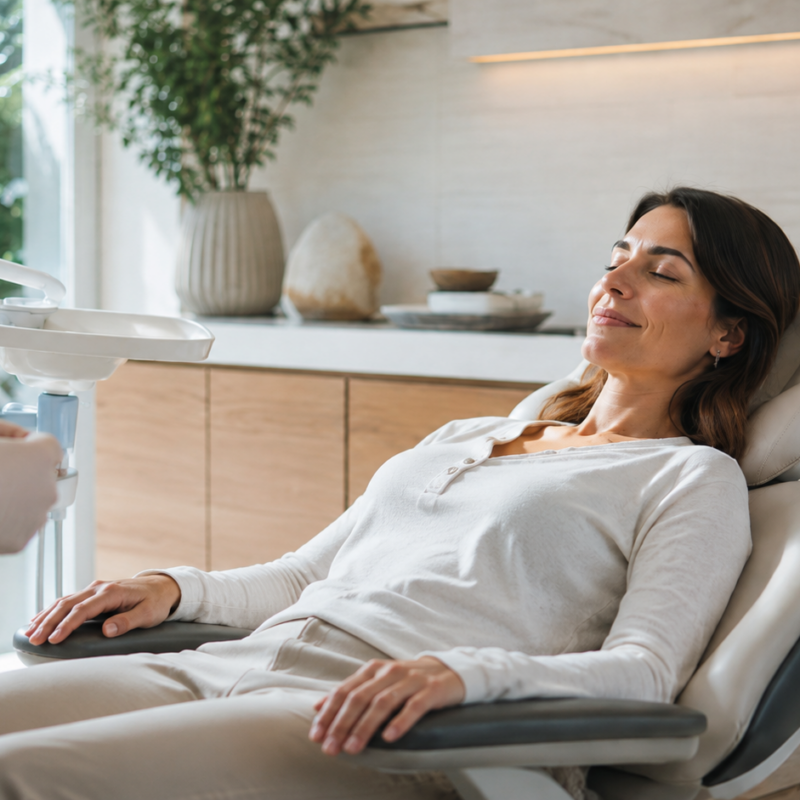 Woman relaxing in dental chair during modern dental consultation