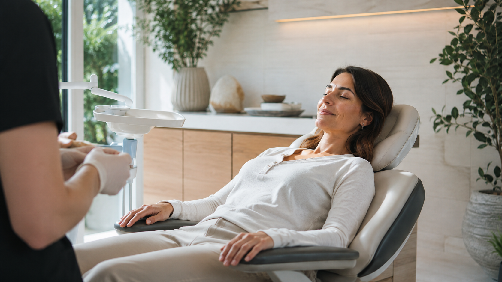 Woman relaxing in dental chair during modern dental consultation