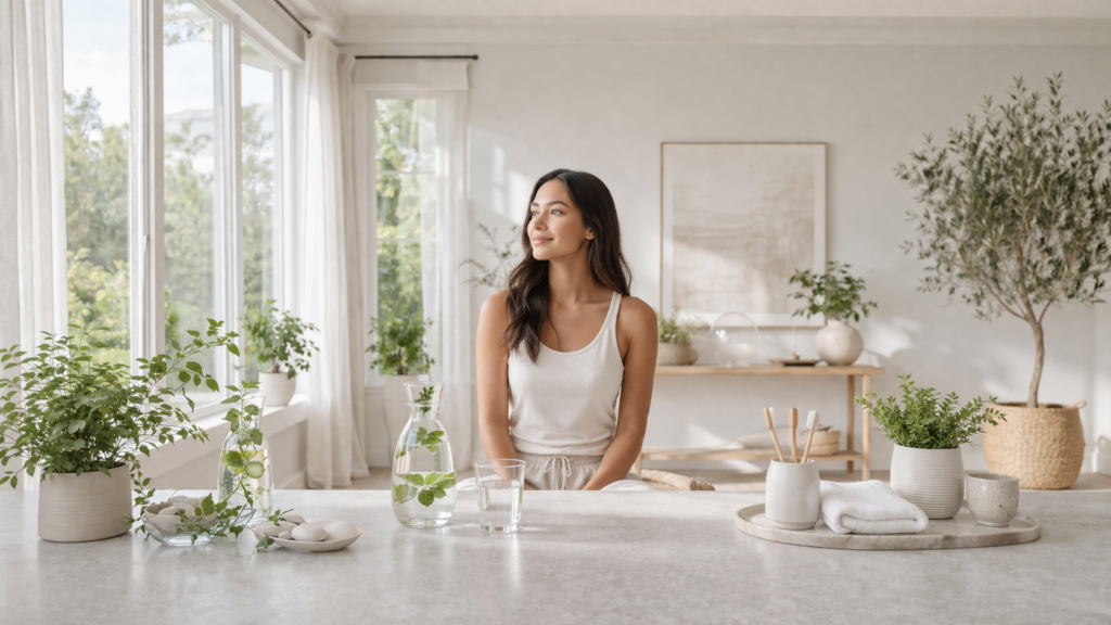 Woman relaxing by a bright window with fresh greenery