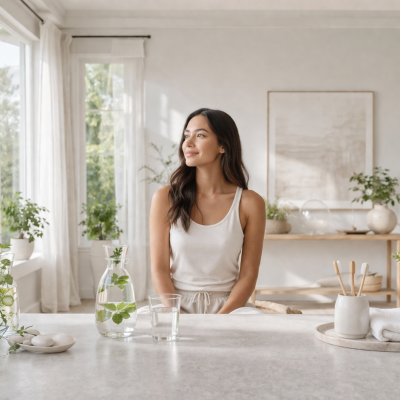 Woman relaxing by a bright window with fresh greenery