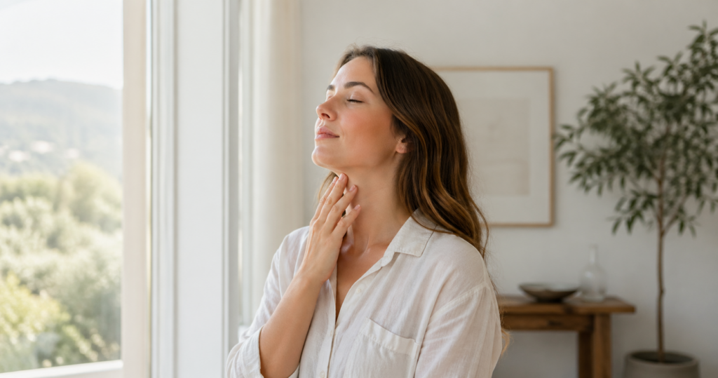 Woman gently touching her neck in a bright wellness setting