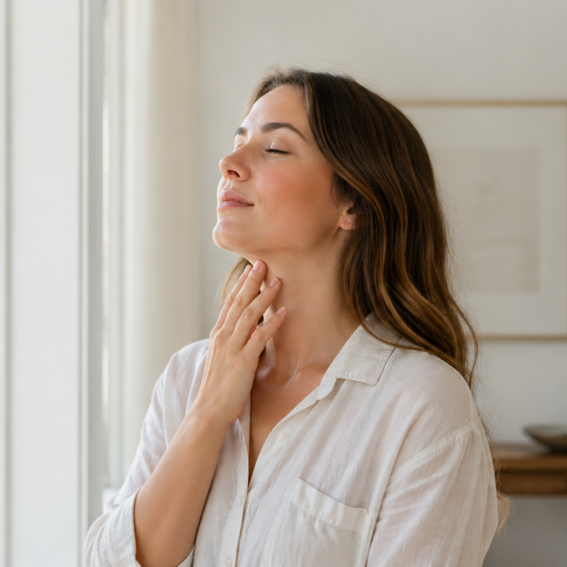 Woman gently touching her neck in a bright wellness setting