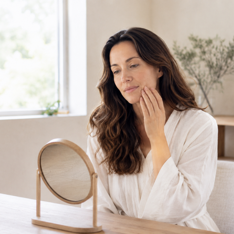 Woman touching her cheek while looking into a tabletop mirror