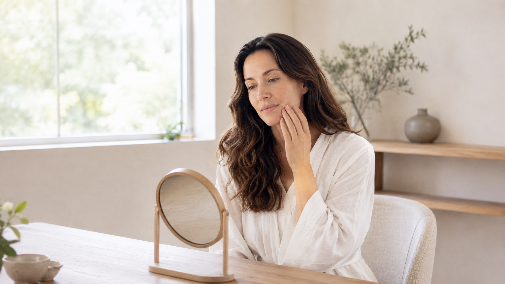 Woman touching her cheek while looking into a tabletop mirror