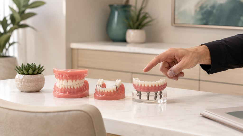 Dentures vs partial dentures models displayed during dental consultation