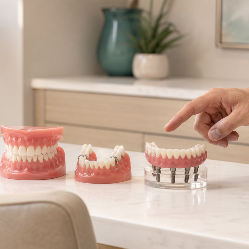 Dentures vs partial dentures models displayed during dental consultation