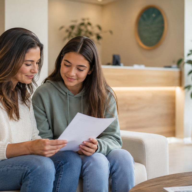 Parent and teen reviewing paperwork before wisdom teeth evaluation consultation