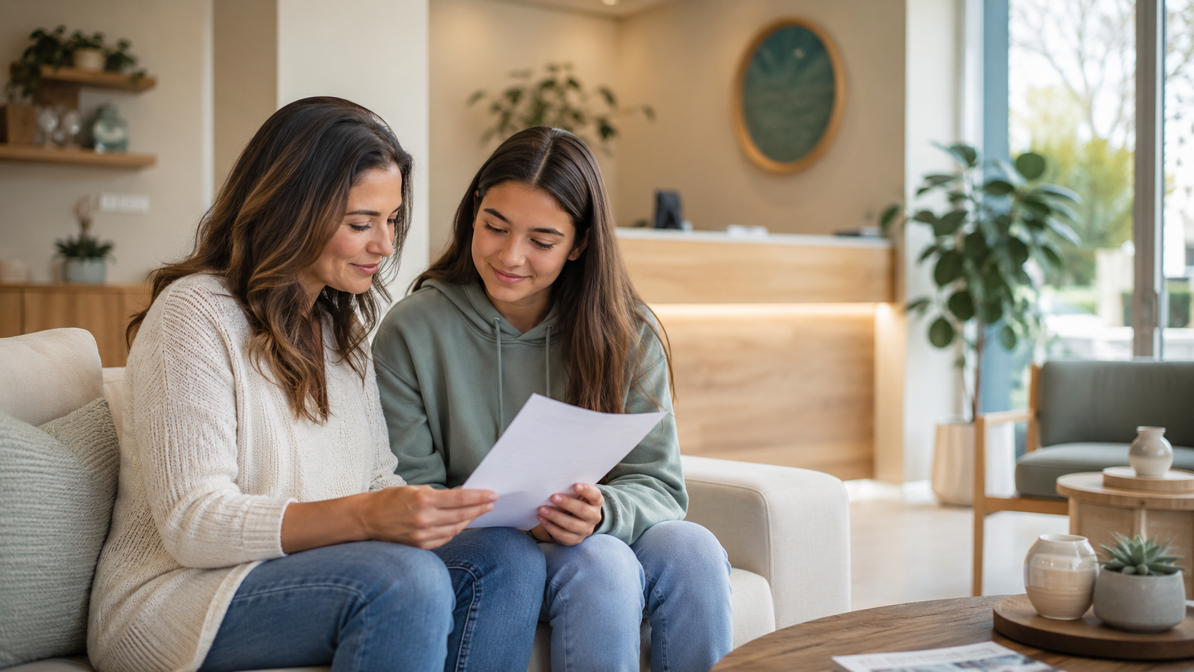 Parent and teen reviewing paperwork before wisdom teeth evaluation consultation