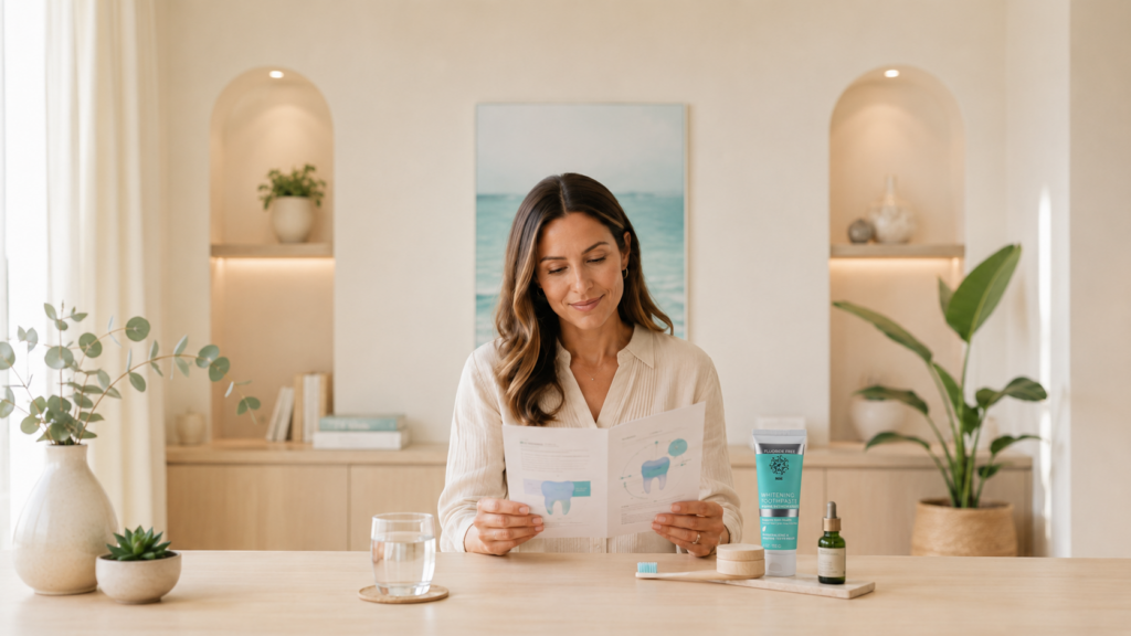 Oral care routine setup with woman, toothpaste, toothbrush, and water