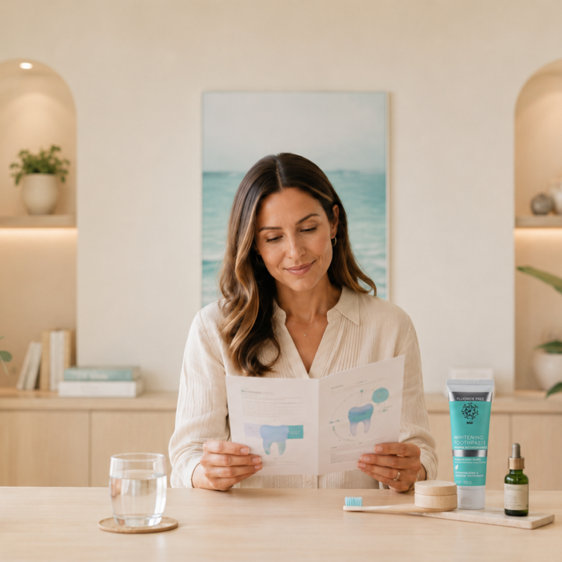 Oral care routine setup with woman, toothpaste, toothbrush, and water