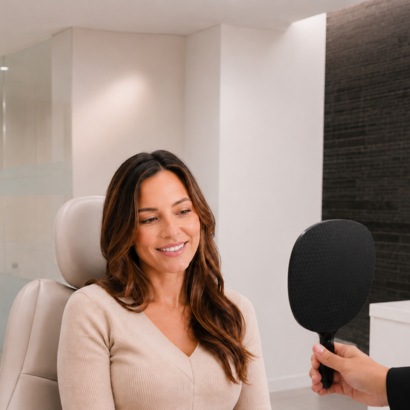 Woman viewing her smile in a dental mirror