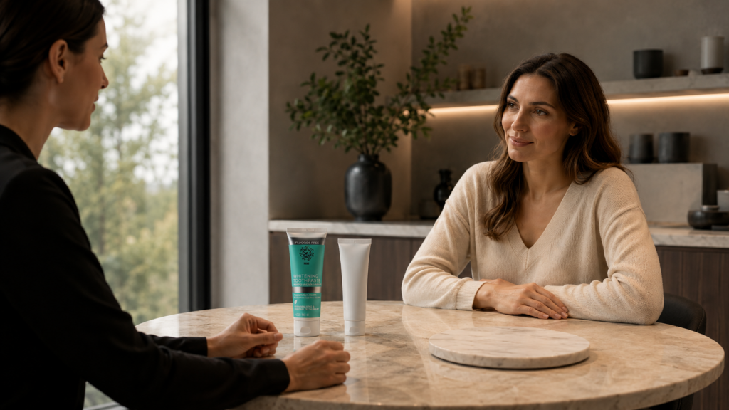 Fluoride-free toothpaste consultation with woman