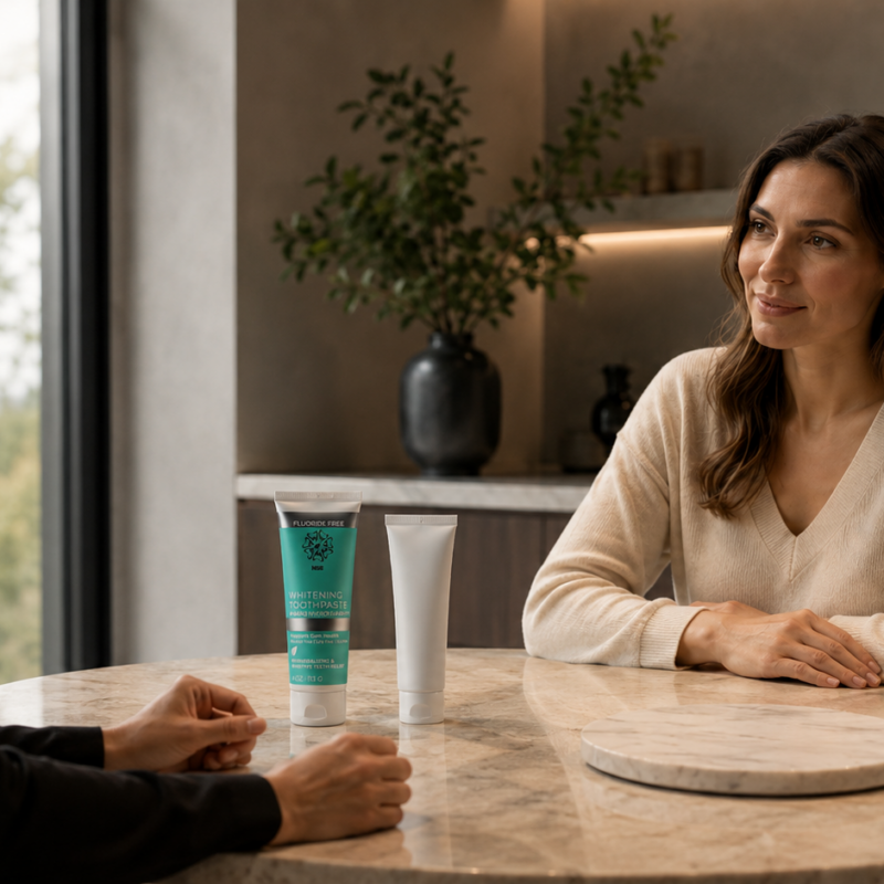Fluoride-free toothpaste consultation with woman