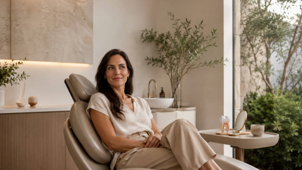 Woman relaxing in a modern natural dentist treatment room