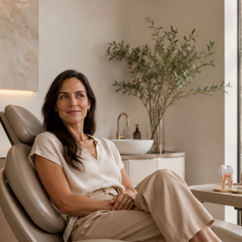 Woman relaxing in a modern natural dentist treatment room