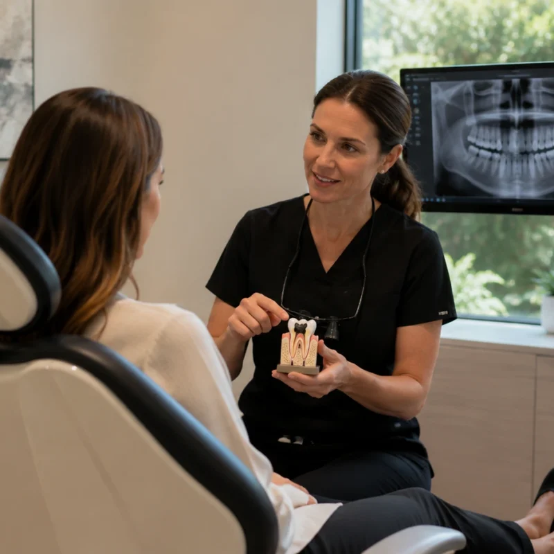 Dentist discussing filling treatment with a patient using a tooth model