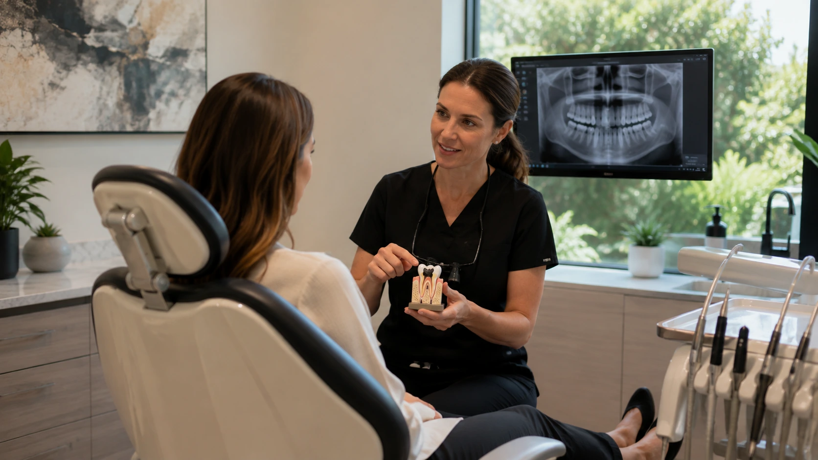 Dentist discussing filling treatment with a patient using a tooth model