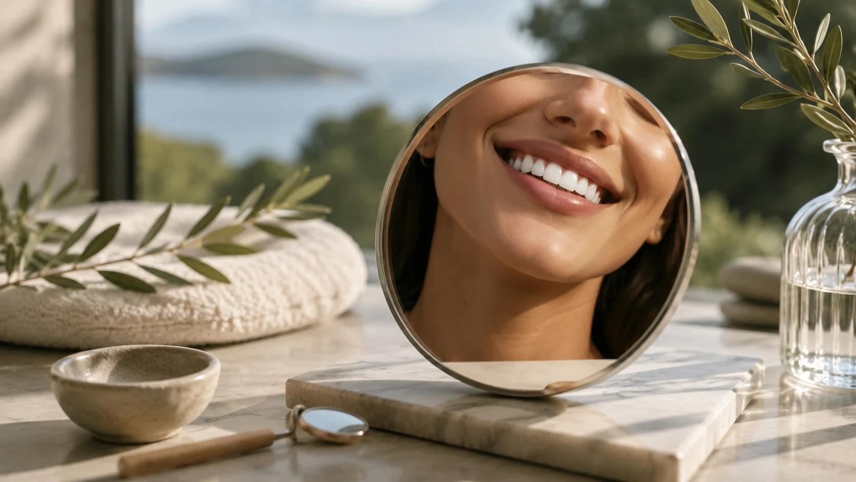 Woman admiring her smile in a modern cosmetic dentistry setting
