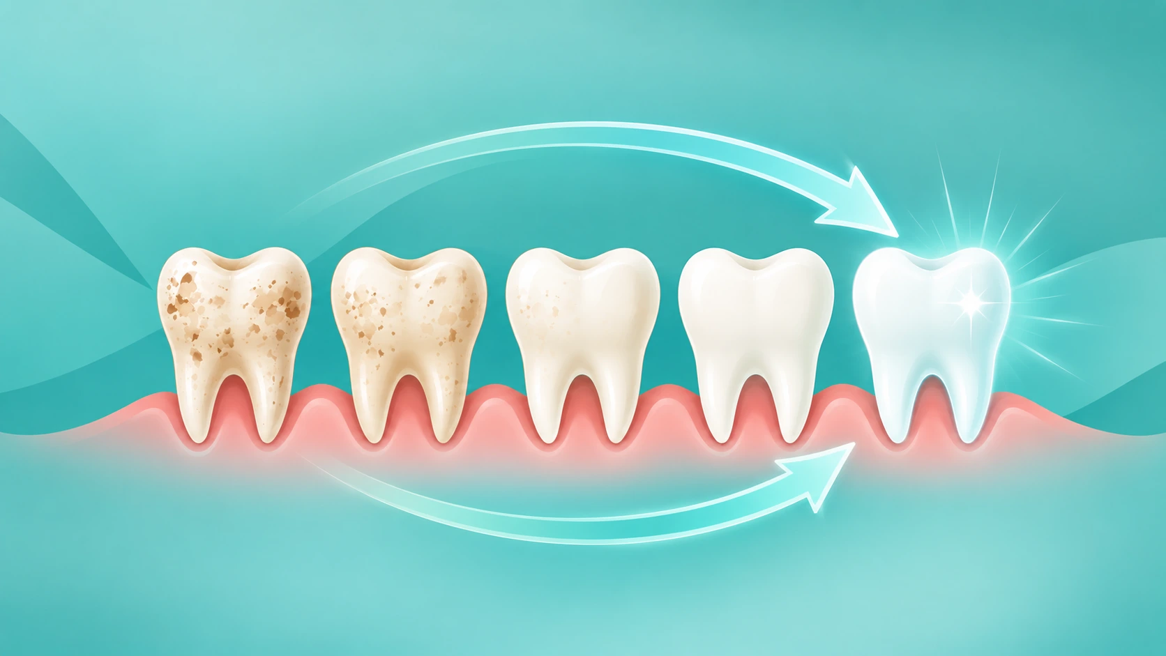 Tooth enamel regeneration illustration showing damaged and healthy-looking teeth