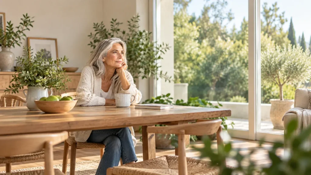 Senior woman enjoying a quiet moment in a bright home