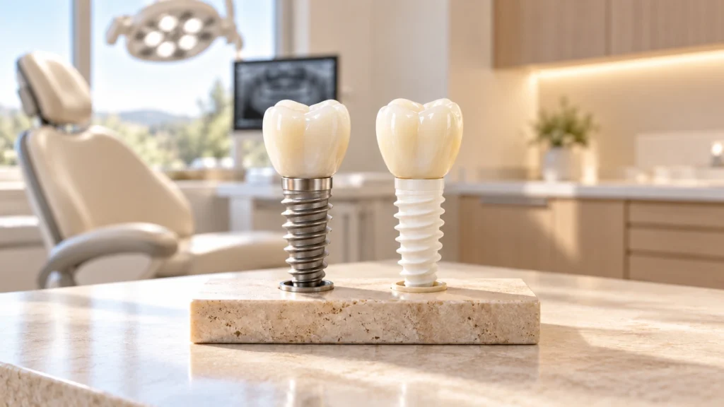 Titanium and zirconia dental implant models displayed side by side.