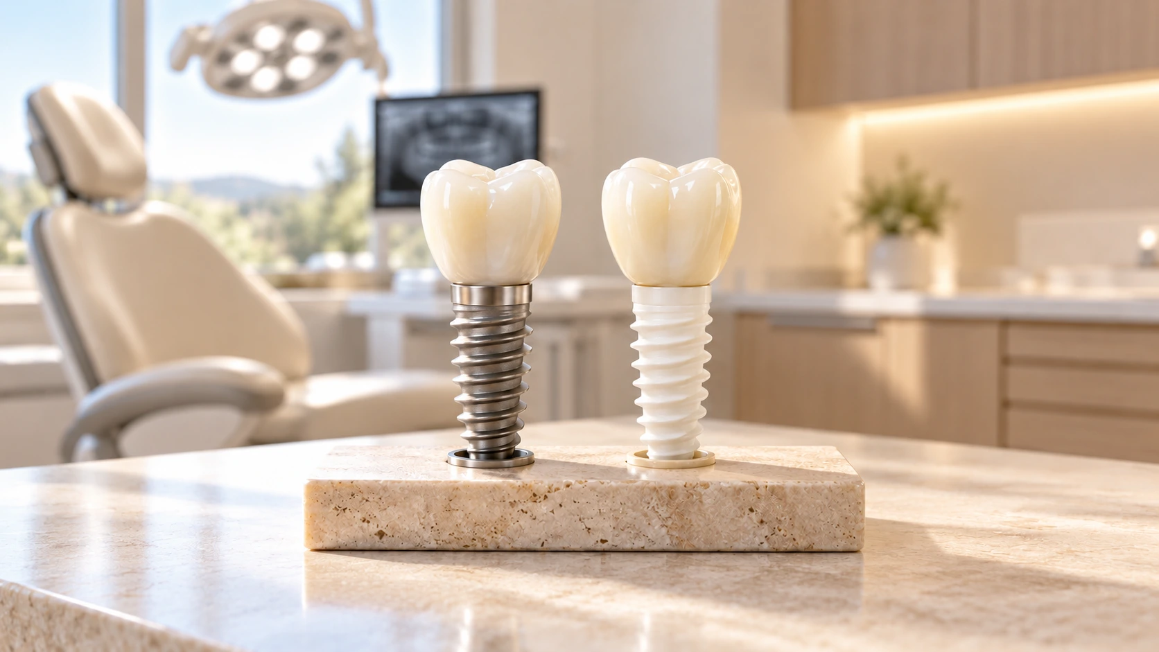 Titanium and zirconia dental implant models displayed side by side.