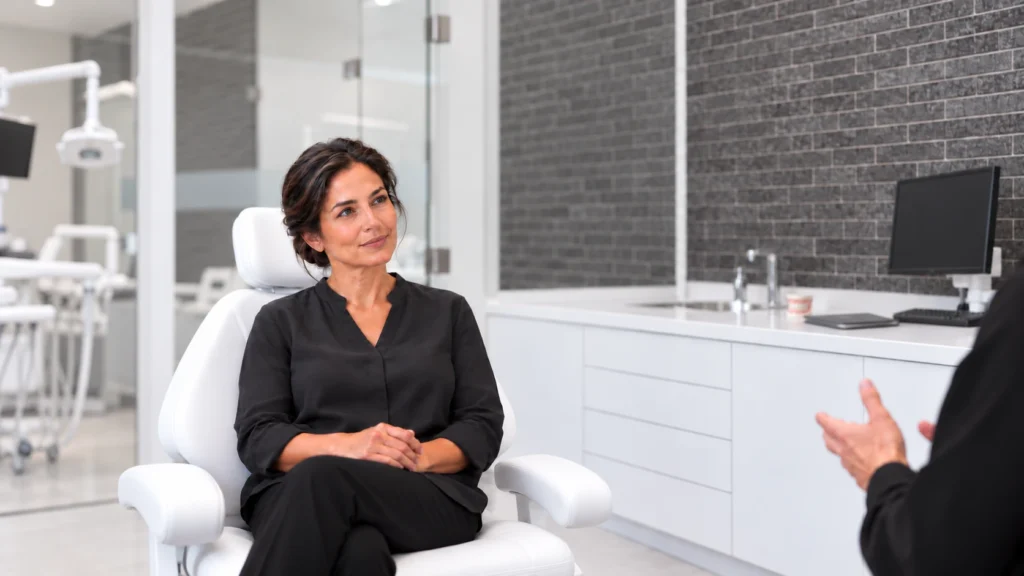 Woman in black seated in a white dental chair